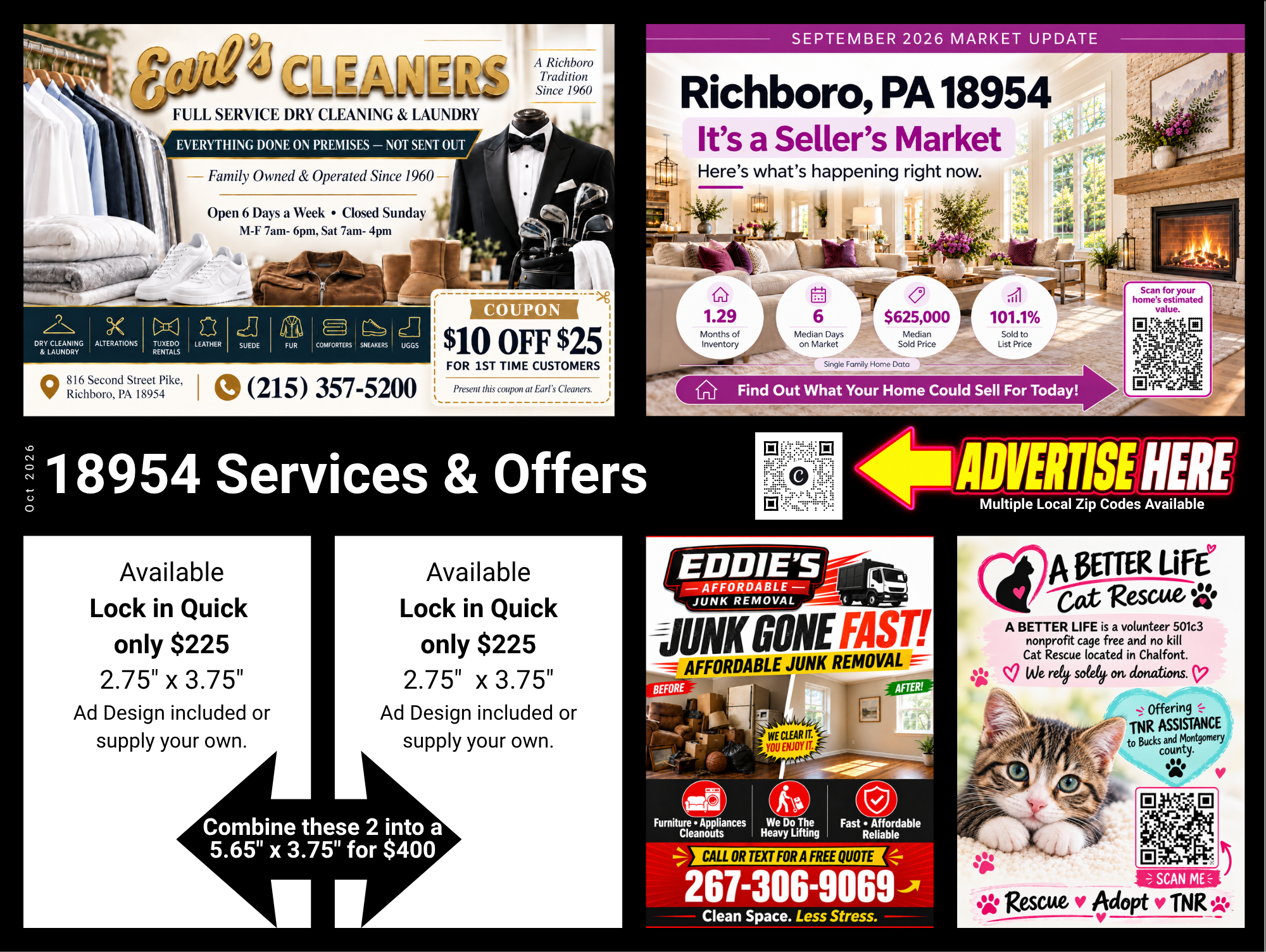Front of the Locals Only Media mailer card showing business ads